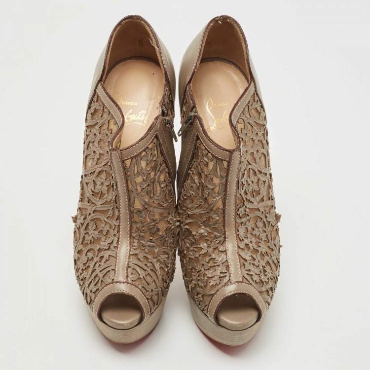 Pre Owned Christian Louboutin Brown Laser-Cut Leather Pampas 150 Peep Toe Ankle Boots Size 36.5