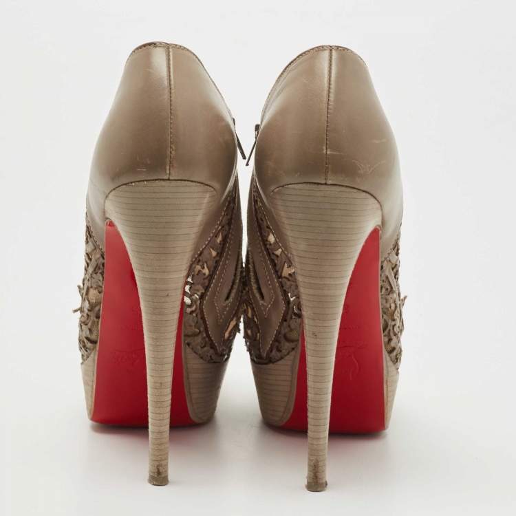Pre Owned Christian Louboutin Brown Laser-Cut Leather Pampas 150 Peep Toe Ankle Boots Size 36.5