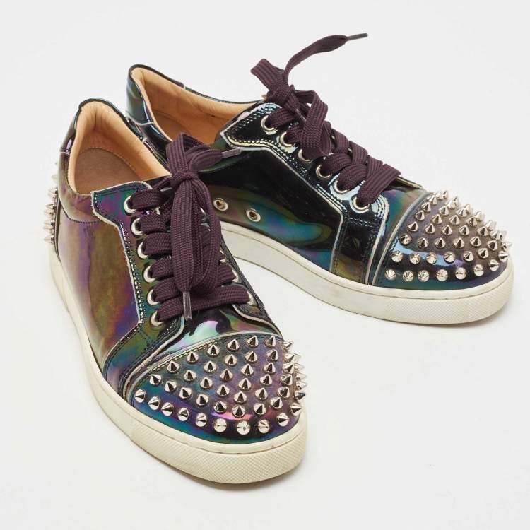 Pre Owned Christian Louboutin Holographic Patent veira Spike  Low Top Sneakers Size 36.5