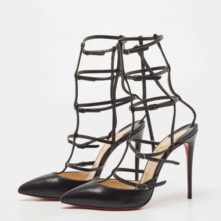 Pre Owned Christian Louboutin Black Leather Kadreyana Caged Pumps Size 39