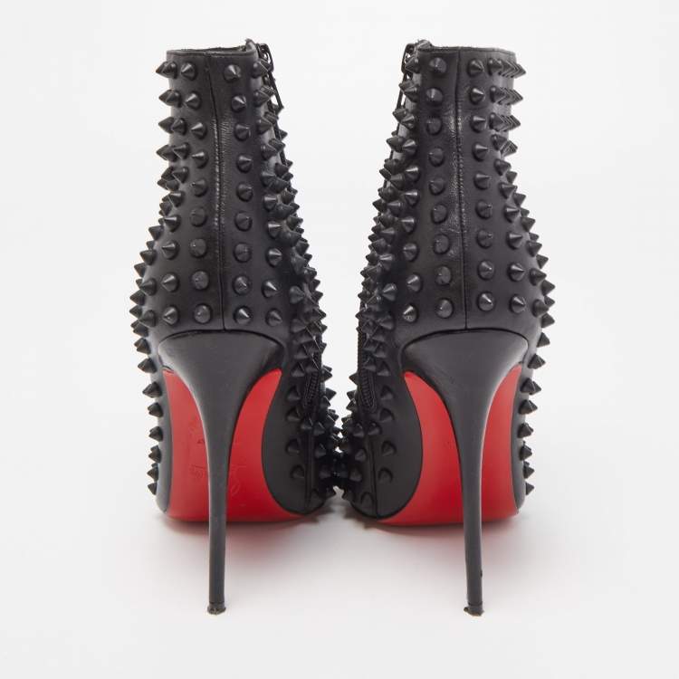 Pre Owned Christian Louboutin Black Leather Snakilta Spike Ankle Booties Size 38