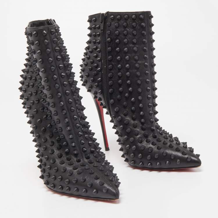 Pre Owned Christian Louboutin Black Leather Snakilta Spike Ankle Booties Size 38