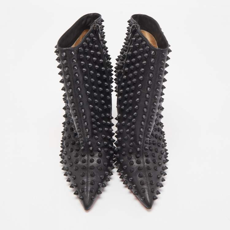 Pre Owned Christian Louboutin Black Leather Snakilta Spike Ankle Booties Size 38