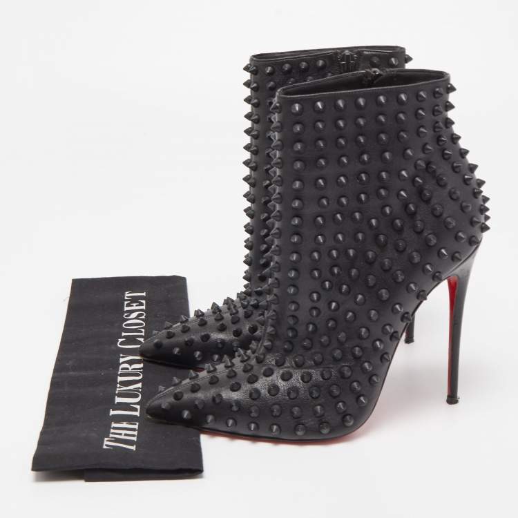 Pre Owned Christian Louboutin Black Leather Snakilta Spike Ankle Booties Size 38