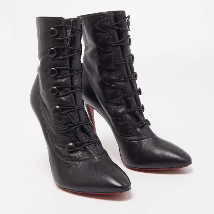 Pre Owned Christian Louboutin Black Leather French Tutu Button Booties Size 38