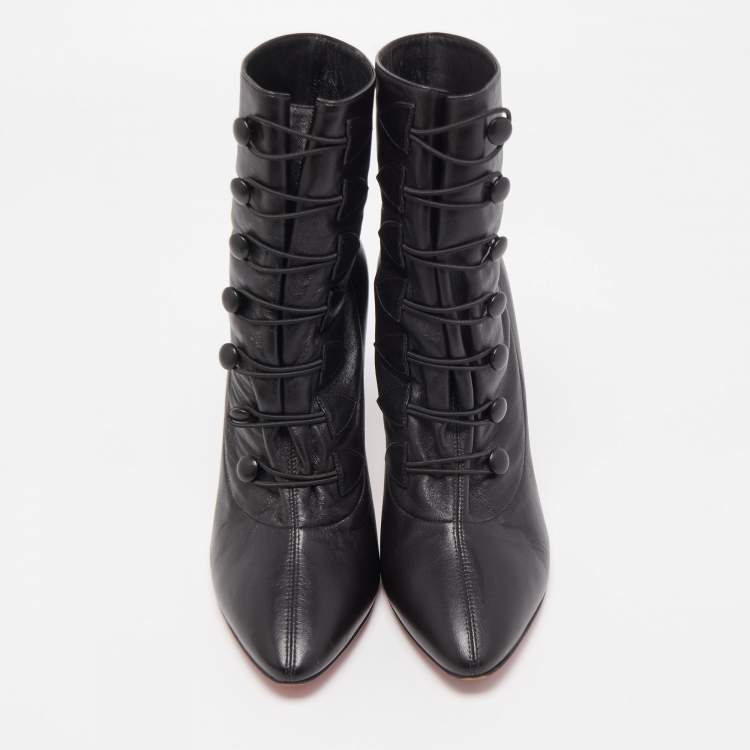 Pre Owned Christian Louboutin Black Leather French Tutu Button Booties Size 38