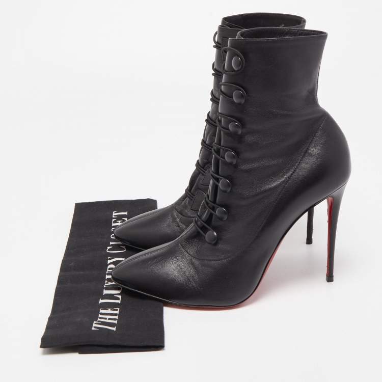 Pre Owned Christian Louboutin Black Leather French Tutu Button Booties Size 38