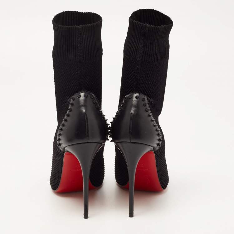 Pre Owned Christian Louboutin Black Knit Fabric and Leather Dovi Dova Sock Booties Size 38