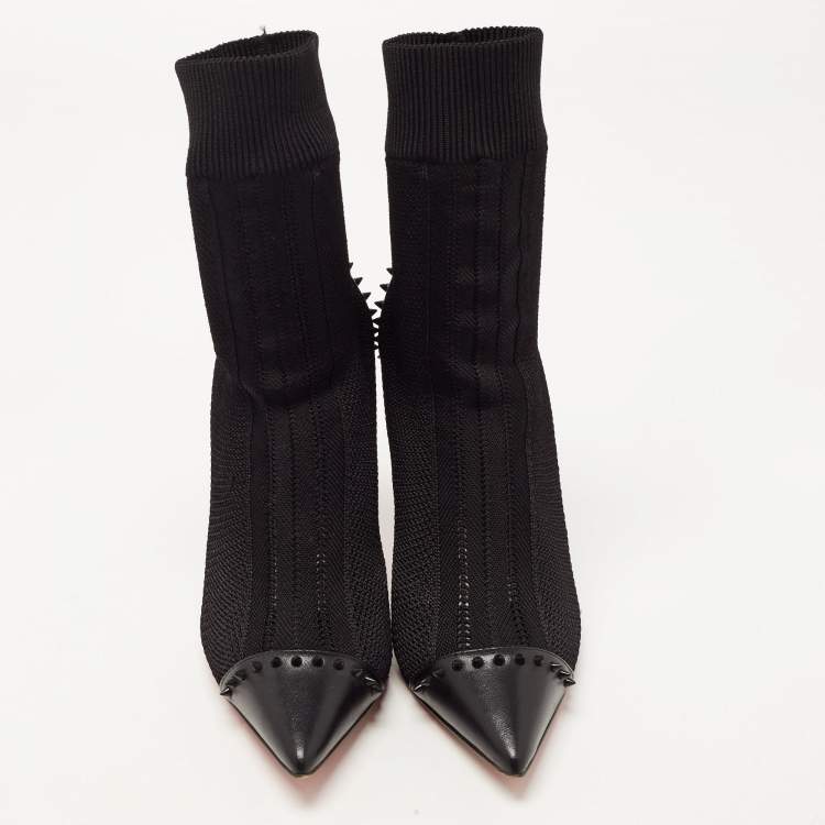 Pre Owned Christian Louboutin Black Knit Fabric and Leather Dovi Dova Sock Booties Size 38
