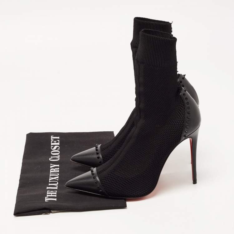 Pre Owned Christian Louboutin Black Knit Fabric and Leather Dovi Dova Sock Booties Size 38