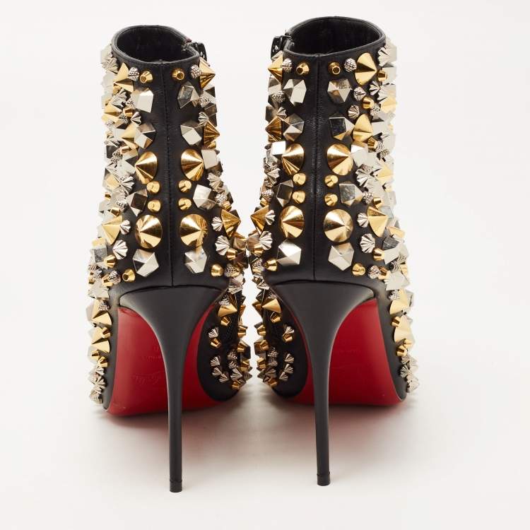 Pre Owned Christian Louboutin Black Leather Studded So Full Kate Ankle Booties Size 38