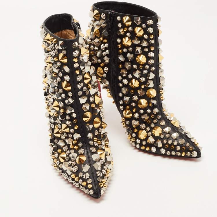 Pre Owned Christian Louboutin Black Leather Studded So Full Kate Ankle Booties Size 38
