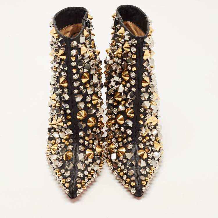 Pre Owned Christian Louboutin Black Leather Studded So Full Kate Ankle Booties Size 38