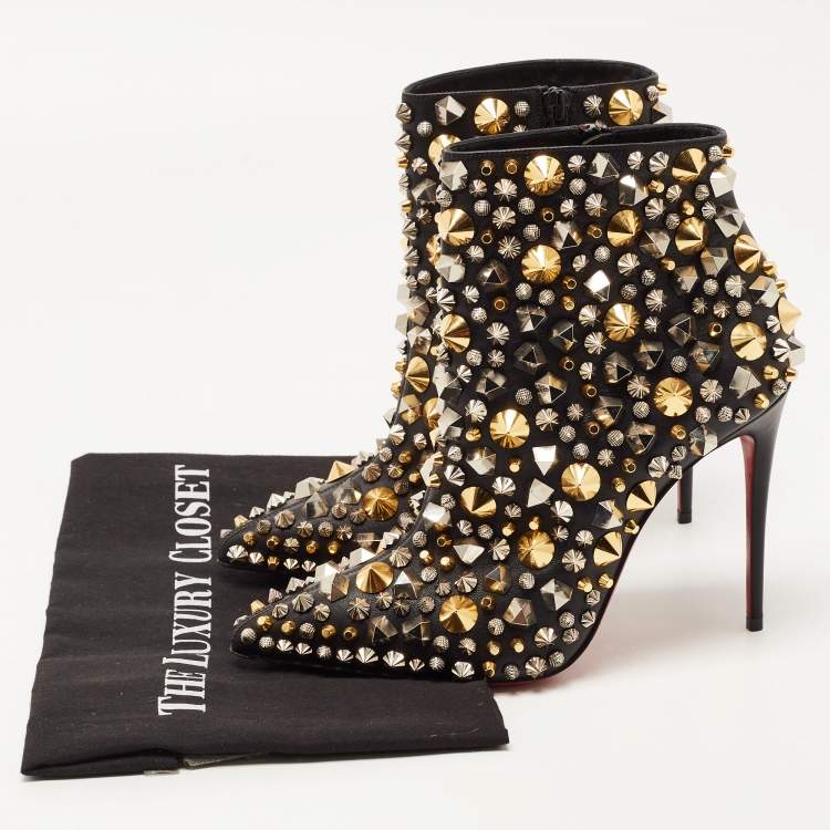 Pre Owned Christian Louboutin Black Leather Studded So Full Kate Ankle Booties Size 38