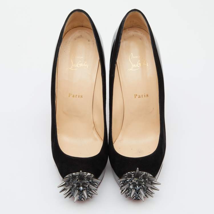 Pre Owned Christian Louboutin Black Patent Leather and Suede Asteroid Platform Pumps Size 40