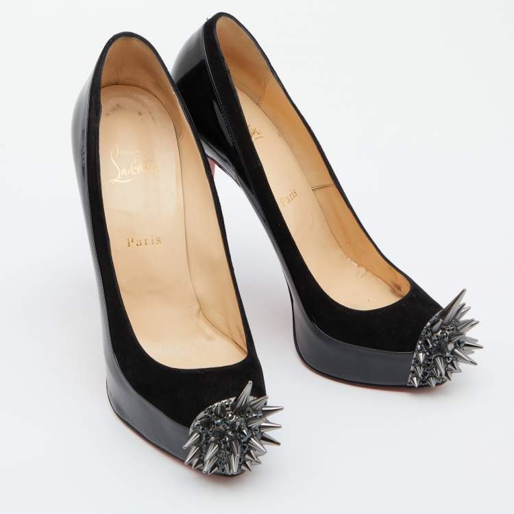 Pre Owned Christian Louboutin Black Patent Leather and Suede Asteroid Platform Pumps Size 40