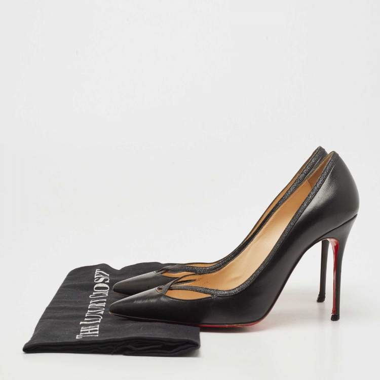 Pre Owned Christian Louboutin Black Leather and Glitter Princess Pumps Size 36.5