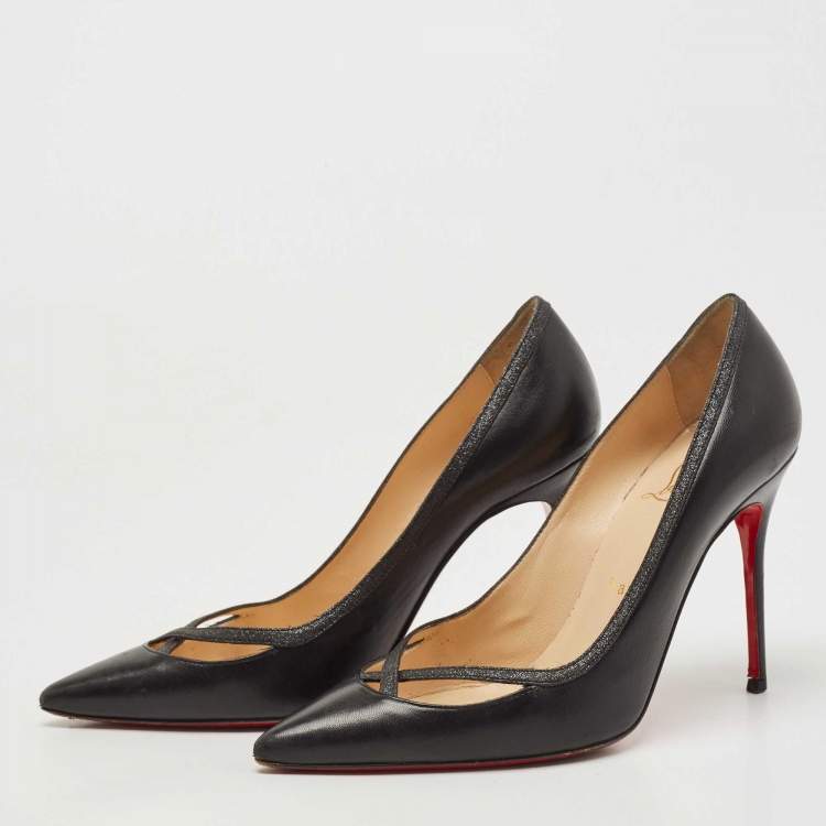 Pre Owned Christian Louboutin Black Leather and Glitter Princess Pumps Size 36.5
