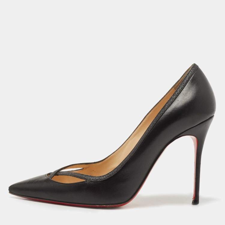 Pre Owned Christian Louboutin Black Leather and Glitter Princess Pumps Size 36.5