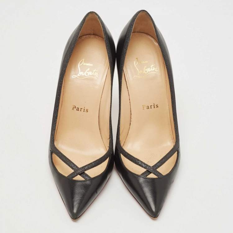 Pre Owned Christian Louboutin Black Leather and Glitter Princess Pumps Size 36.5