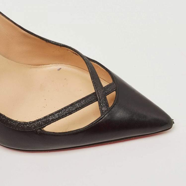 Pre Owned Christian Louboutin Black Leather and Glitter Princess Pumps Size 36.5