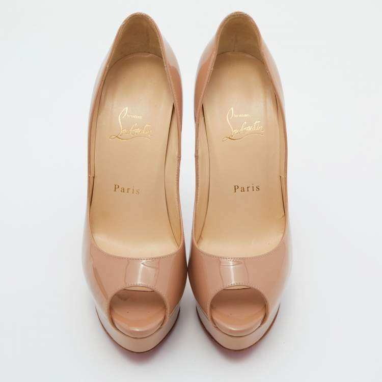 مملوكة مسبقًا Christian Louboutin Beige Patent Leather Lady Peep Pumps Size 38.5