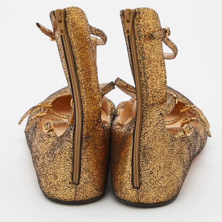 مملوكة مسبقًا Christian Louboutin Gold Glitter Leather Toerless Muse Cage Ballet Flats Size 39