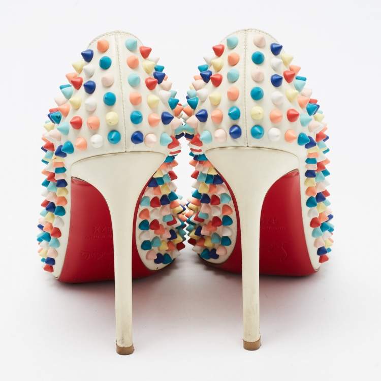 Pre Owned Christian Louboutin White Leather Flo Spike Pumps Size 37.5