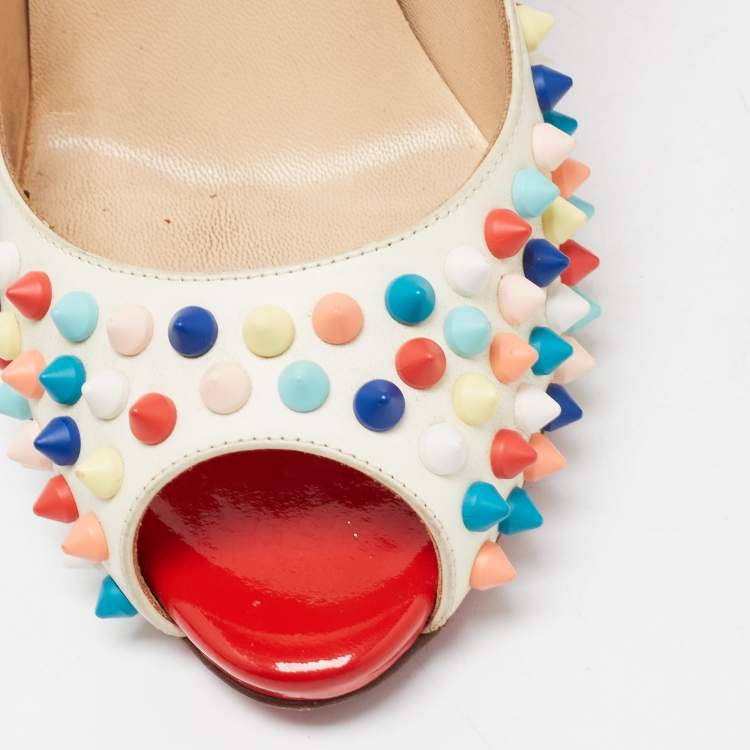 Pre Owned Christian Louboutin White Leather Flo Spike Pumps Size 37.5