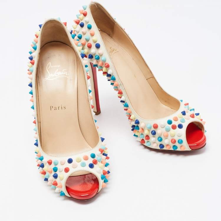 Pre Owned Christian Louboutin White Leather Flo Spike Pumps Size 37.5