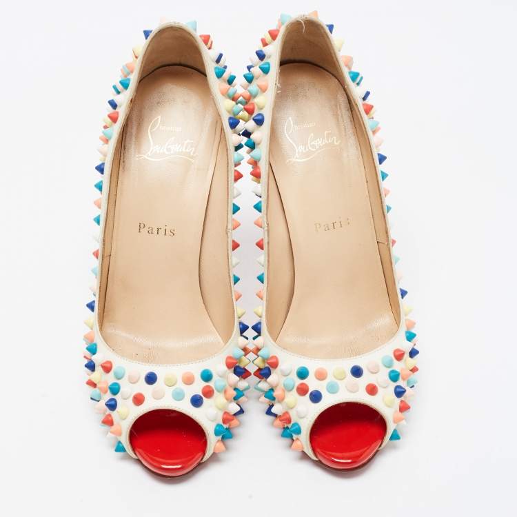 Pre Owned Christian Louboutin White Leather Flo Spike Pumps Size 37.5