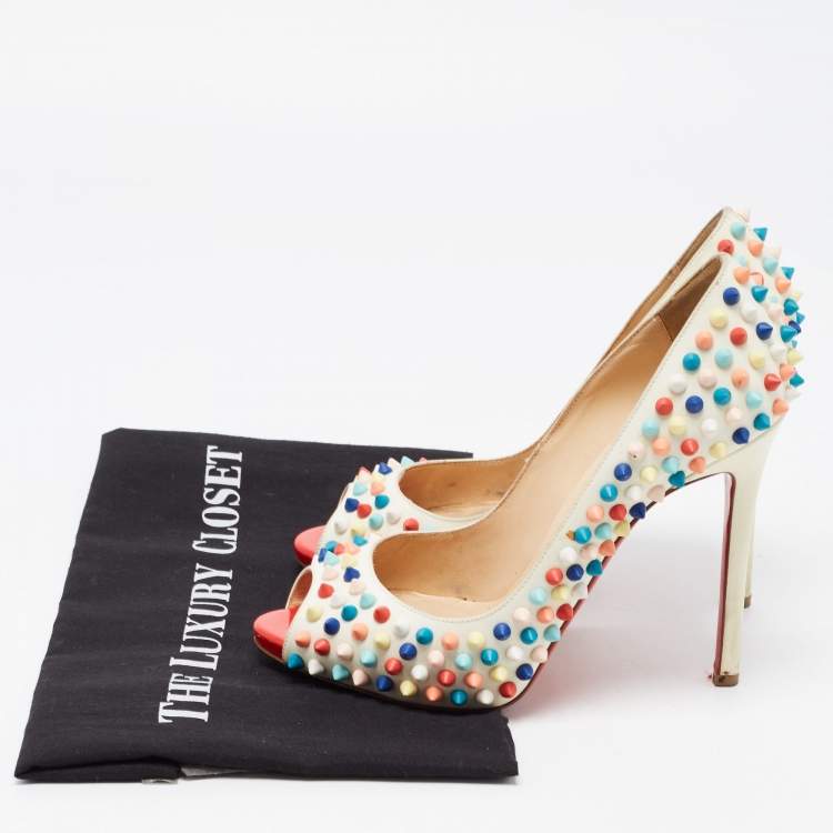 Pre Owned Christian Louboutin White Leather Flo Spike Pumps Size 37.5