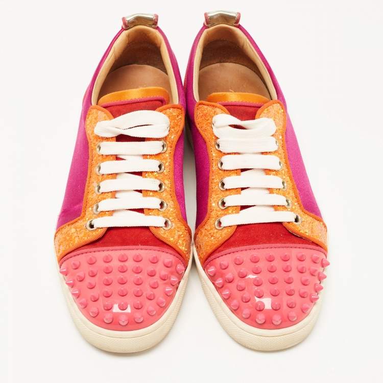Pre Owned Christian Louboutin Multicolor Satin and Leather Louis Junior Spikes Sneakers Size 38