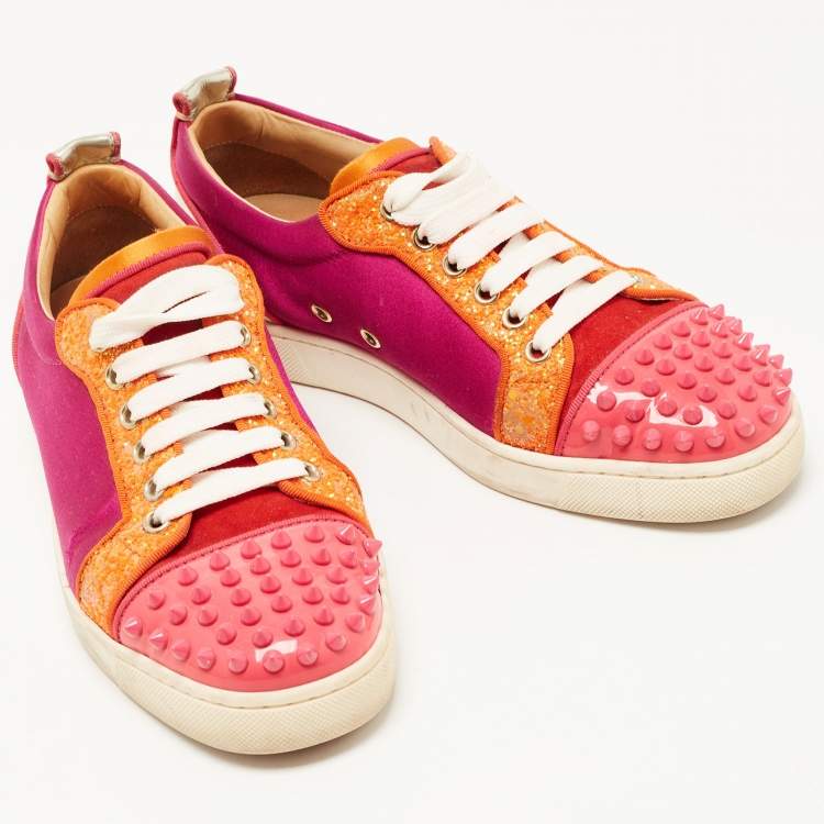 Pre Owned Christian Louboutin Multicolor Satin and Leather Louis Junior Spikes Sneakers Size 38