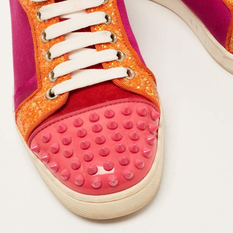 Pre Owned Christian Louboutin Multicolor Satin and Leather Louis Junior Spikes Sneakers Size 38