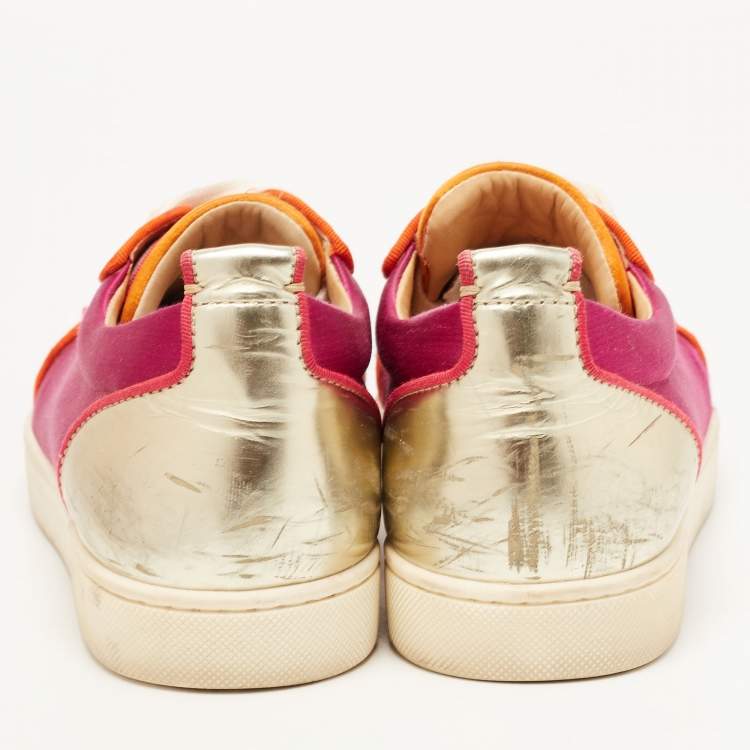 Pre Owned Christian Louboutin Multicolor Satin and Leather Louis Junior Spikes Sneakers Size 38