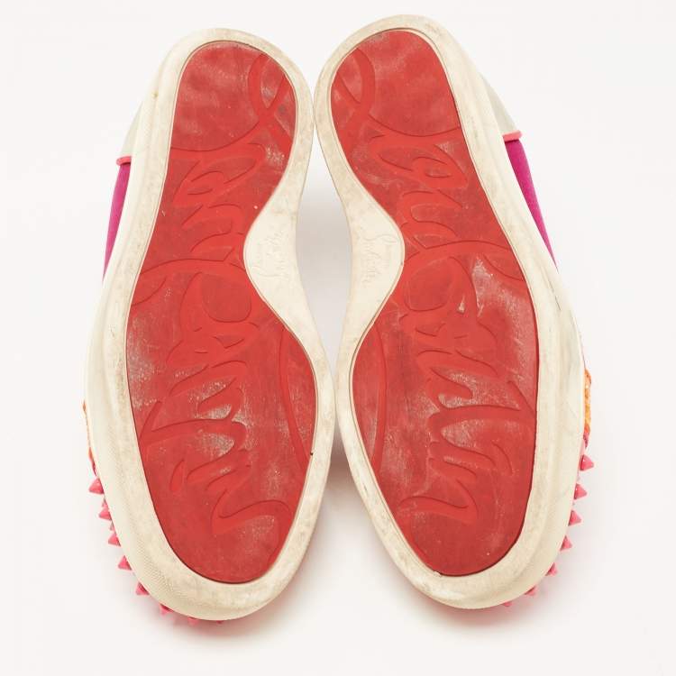 Pre Owned Christian Louboutin Multicolor Satin and Leather Louis Junior Spikes Sneakers Size 38