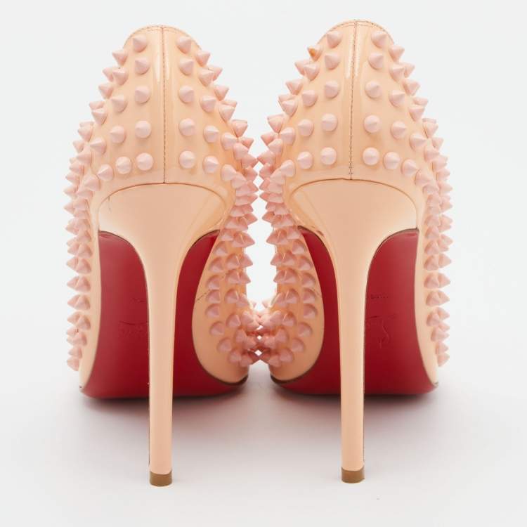 Pre Owned Christian Louboutin Peach Patent Leather Pigalle Spikes Pointed Toe Pumps Size 38