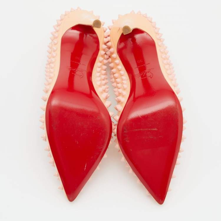 Pre Owned Christian Louboutin Peach Patent Leather Pigalle Spikes Pointed Toe Pumps Size 38
