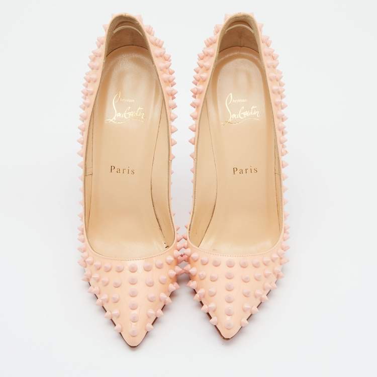 Pre Owned Christian Louboutin Peach Patent Leather Pigalle Spikes Pointed Toe Pumps Size 38