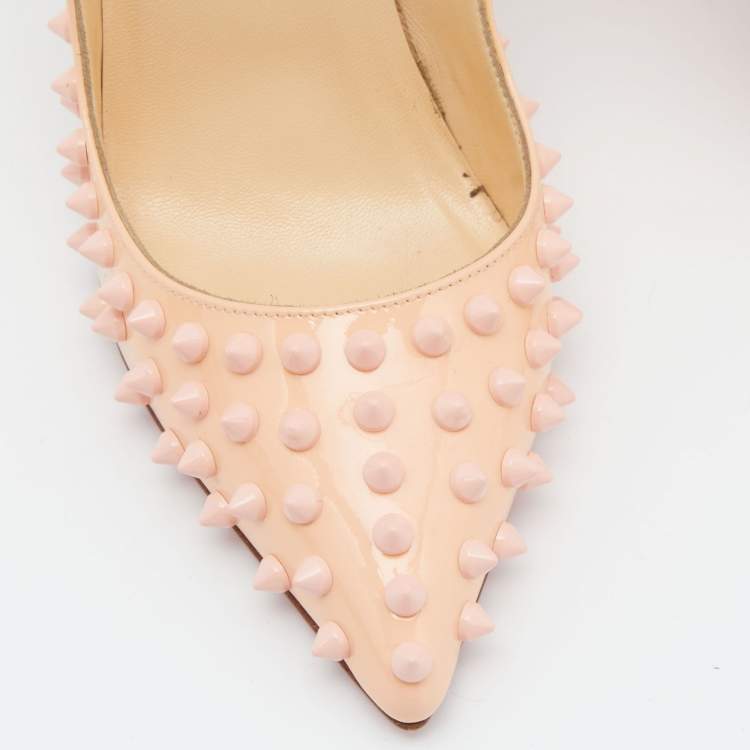 Pre Owned Christian Louboutin Peach Patent Leather Pigalle Spikes Pointed Toe Pumps Size 38