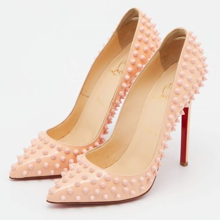 Pre Owned Christian Louboutin Peach Patent Leather Pigalle Spikes Pointed Toe Pumps Size 38
