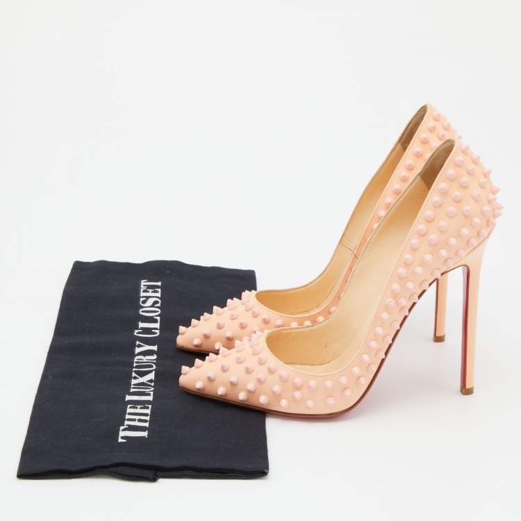 Pre Owned Christian Louboutin Peach Patent Leather Pigalle Spikes Pointed Toe Pumps Size 38