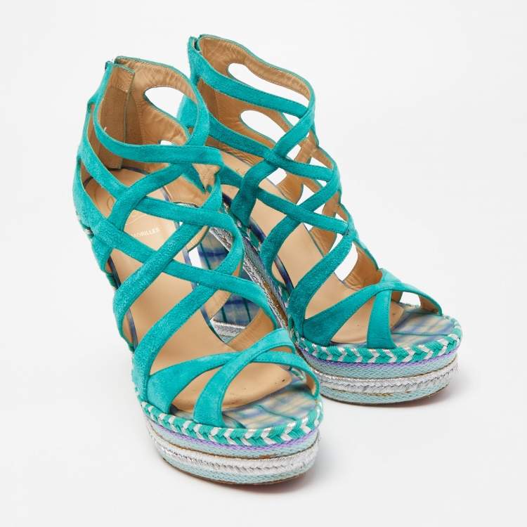 Pre Owned Christian Louboutin Green Suede Caged Espadrille Tosca Wedge Platform Sandals Size 39