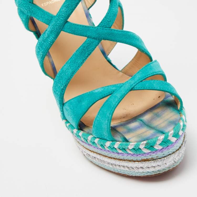 Pre Owned Christian Louboutin Green Suede Caged Espadrille Tosca Wedge Platform Sandals Size 39