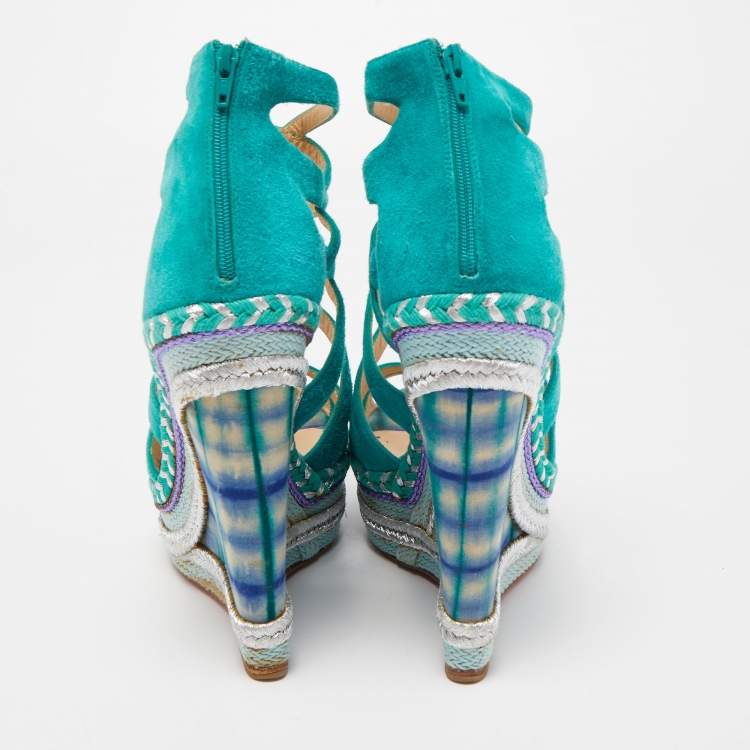 Pre Owned Christian Louboutin Green Suede Caged Espadrille Tosca Wedge Platform Sandals Size 39