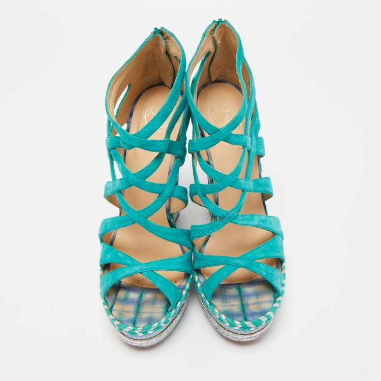 Pre Owned Christian Louboutin Green Suede Caged Espadrille Tosca Wedge Platform Sandals Size 39