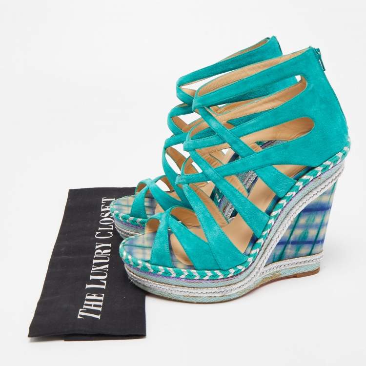 Pre Owned Christian Louboutin Green Suede Caged Espadrille Tosca Wedge Platform Sandals Size 39