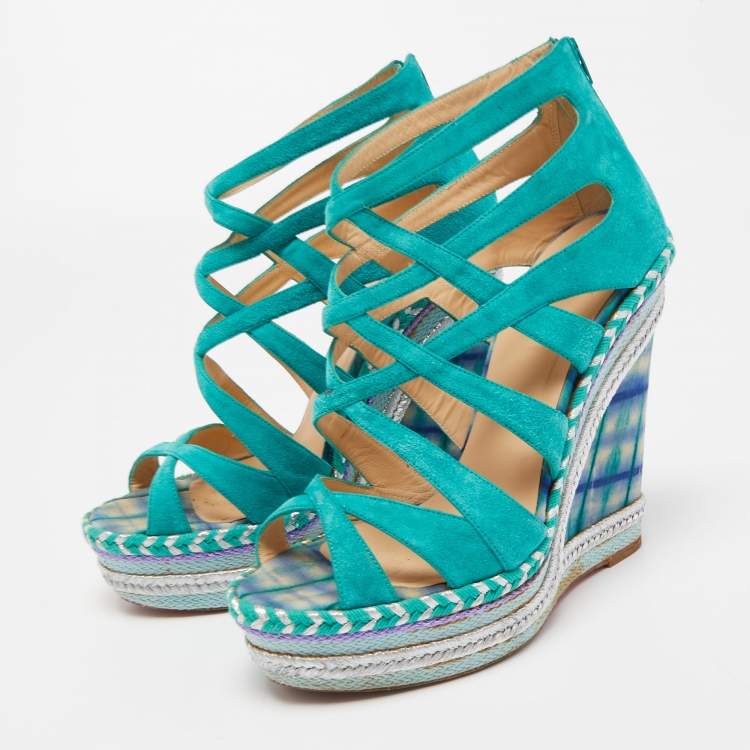 Pre Owned Christian Louboutin Green Suede Caged Espadrille Tosca Wedge Platform Sandals Size 39