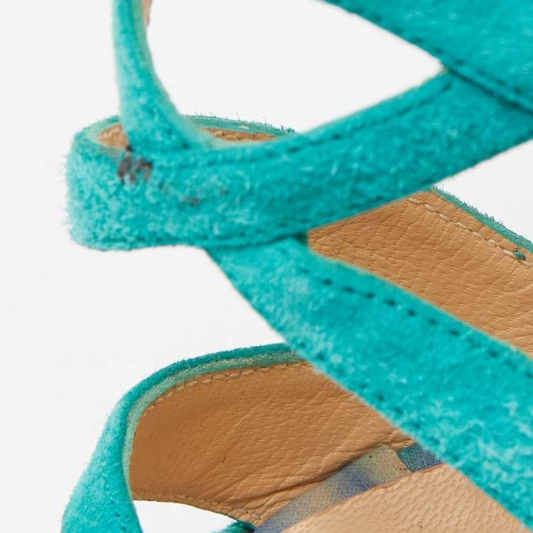 Pre Owned Christian Louboutin Green Suede Caged Espadrille Tosca Wedge Platform Sandals Size 39